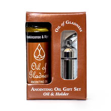 Load image into Gallery viewer, Oil of Gladness Anointing Oil<br> Gift Set with 1/4oz Oil, Silvertone Oil Holder